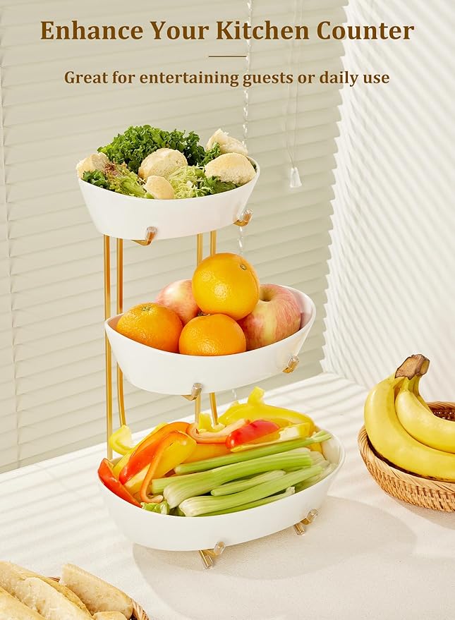 Yedio Fruit Bowls for Kitchen Counter, No Assembly Required, 3 Tier Porcelain Serving Bowls with Metal Stand, Tiered Fruit Basket for Fruit Vegetable Storage, Snack, Nuts, Cake, Dessert