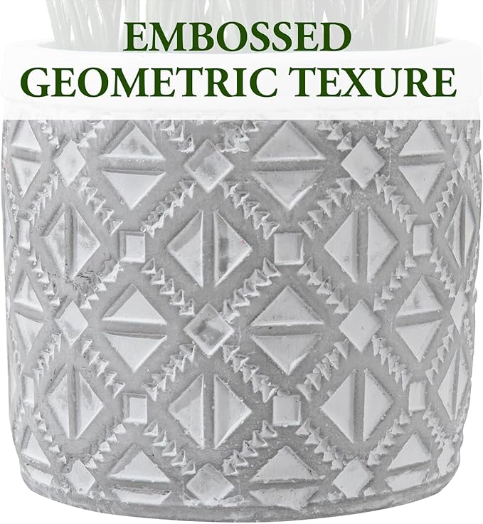 MyGift Artificial Grass Plant in Modern Gray Concrete Pot with Geometric Embossed Pattern, Tabletop Faux Greenery in Decorative Round Cement Planter, Set of 2