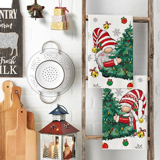 Artoid Mode Gnomes Xmas Trees Christmas Kitchen Towels Dish Towels, 18x26 Inch Daily Seasonal Winter Decoration Hand Towels Set of 2