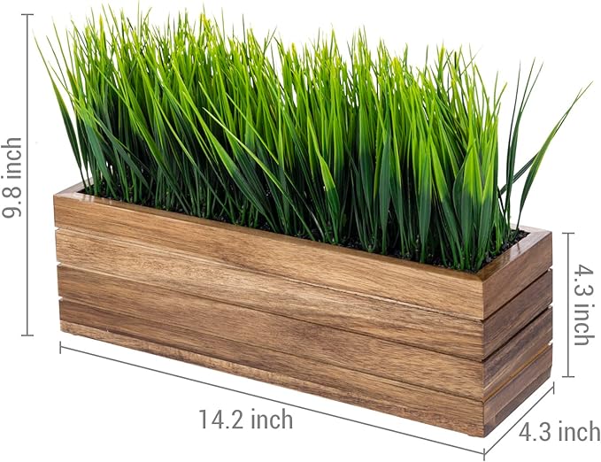 MyGift 14 Inch Artificial Green Grass Plant in Solid Acacia Wood Planter Window Box, Faux Greenery in Decorative Rectangular Crate Style Wooden Container