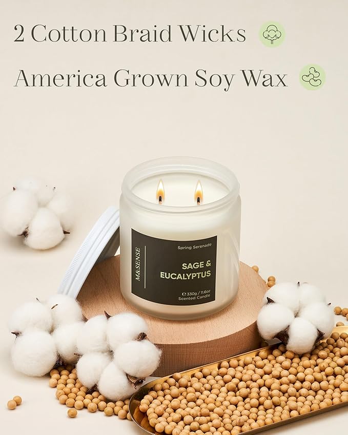 M&SENSE Eucalyptus Sage Summer Scented Candle - 11.6oz Natural Soy Wax Non Toxic Candle 70-Hour Long Lasting Burn Time, 2-Wick Home Decor Relaxation & Stress Relief