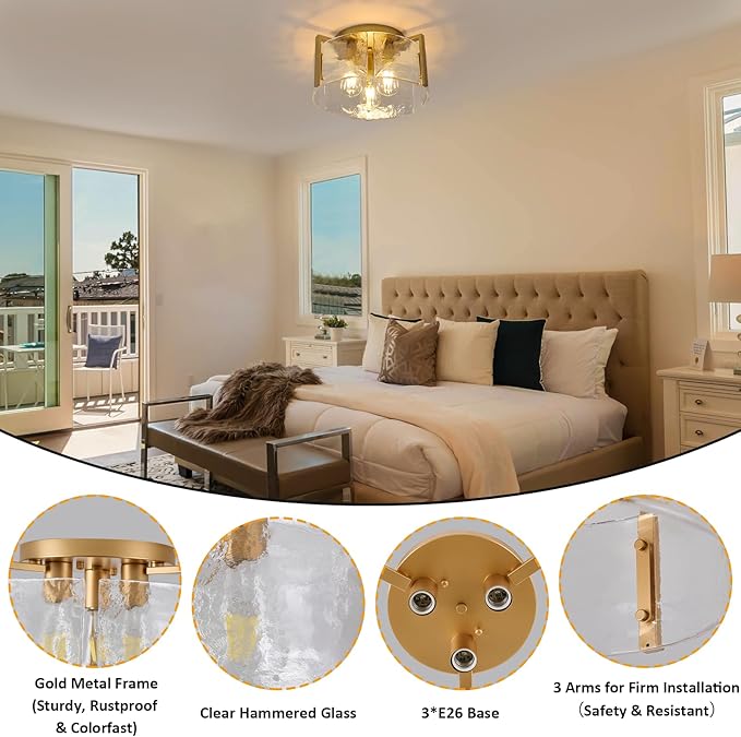 Modern Semi Flush Mount Ceiling Light Fixture, Gold Hallway Light Fixtures Ceiling Mount, Dimmable Foyer Kitchen Lighting Fixtures Ceiling Lights for Bedroom Bathroom Dining Room Laundry Room Entryway