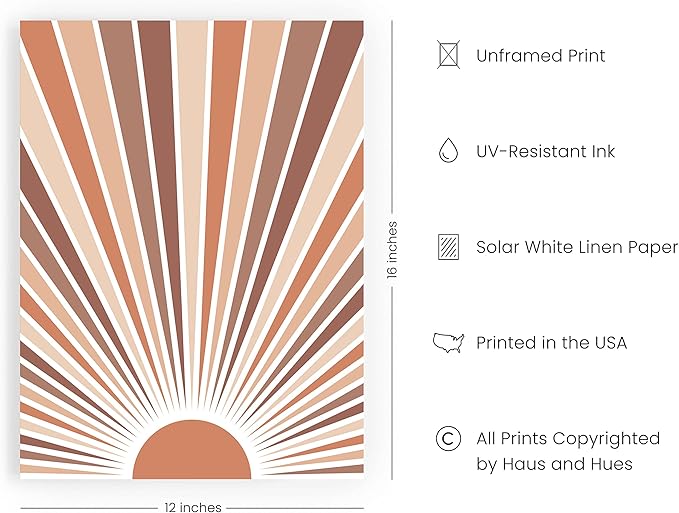 HAUS AND HUES Boho Art Prints Sun Wall Decor - Sun Art Print Boho Posters and Prints Wall Decor Rainbow Colored Sunshine Wall Art (Unframed, 12x16)