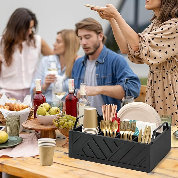 Paper Plate Dispenser and Holder for Kitchen Counter, Wood Rustic Silverware Utensil Caddy, Cutlery Flatware Organizer Box for Cups Spoons Forks Napkins, Kitchen Accessories (Black)