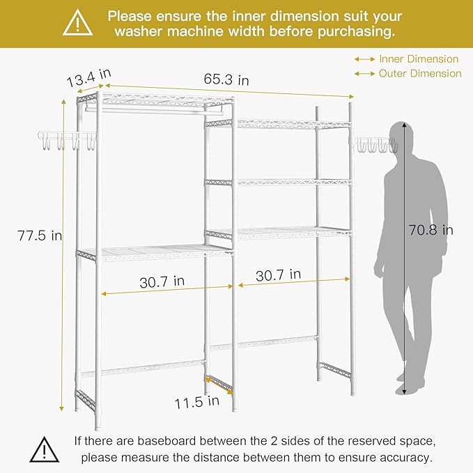 Ulif U6 Clothes Drying Rack, 5-Tier Over Washer and Dryer Laundry Room Storage and Organizer, Heavy-Duty Space Saver, 65.3" W x 13.4" D x 77.5" H, White