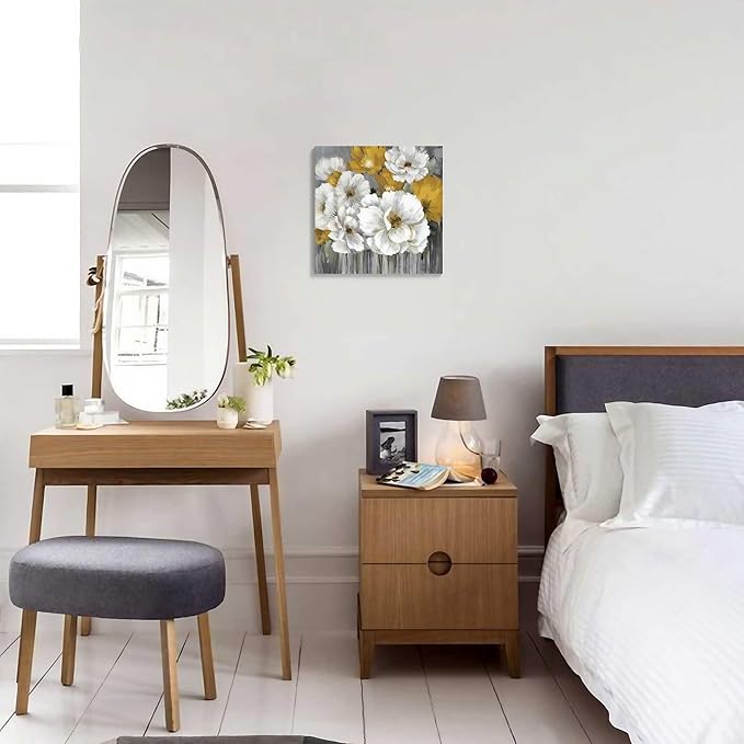 Floral Rustic Farmhouse Canvas Wall Art 14x14in Framed Oil Painting Yellow Flower Decor for Bathroom Kitchen Bedroom & Living Room