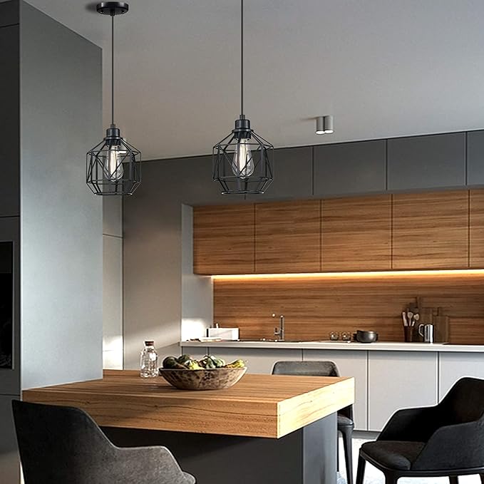 Leading Lighting 3 Pack 1 Light Vintage Hanging Pendant Light Fixture,Farmhouse Lantern Cage Pendant Ceiling Lights with Black Finish for Kitchen Island Dining Restaurant Room Hallway Hotel Bar