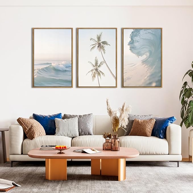 ANHUIB Large Seascape Wall Art Ocean Waves Paintings Coconunt Tree Wall Decor Coastal Art Print 16x24 Inch Set of 3 for Living Room Bedroom Office