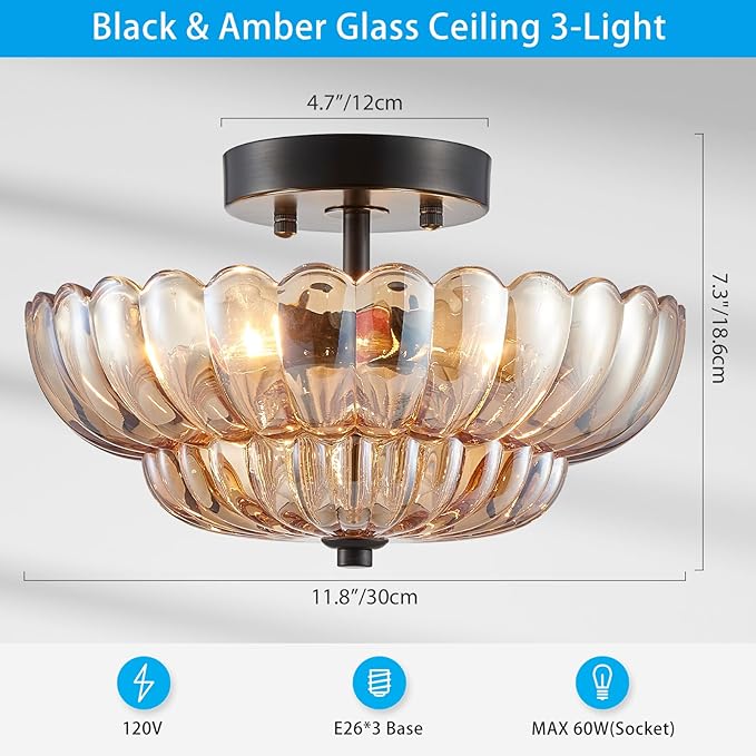 XINGQI Modern Ceiling 3-Light Amber Glass Semi Flush Mount Ceiling Light Fixture Small Close to Chandelier for Living Room Dining Room Bedroom Entryway Hallway