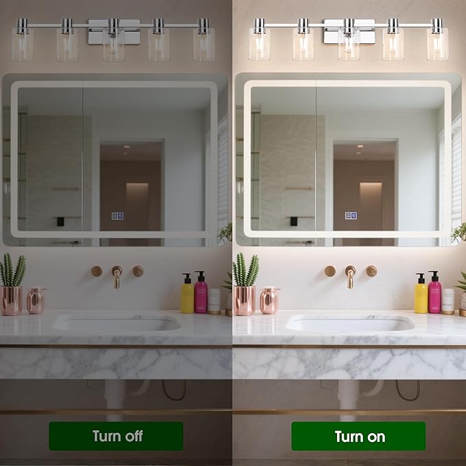 5-Light Modern Vanity Light Fixtures Over Mirror, Chrome Bathroom Light Fixtures, Vanity Lights, Wall Sconce with Clear Glass Shade for Bathroom, E26 Base