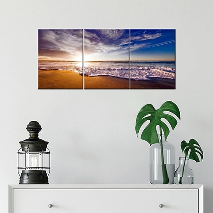 Nature Landscape Canvas Wall Art Beach Gold Sunset HD Picture Print Ocean Theme 3 Pieces Posters Painting Wall Decor Artwork for Modern Home Bedroom Bathroom Kitchen Ready to Hang [36''W x 16''H]