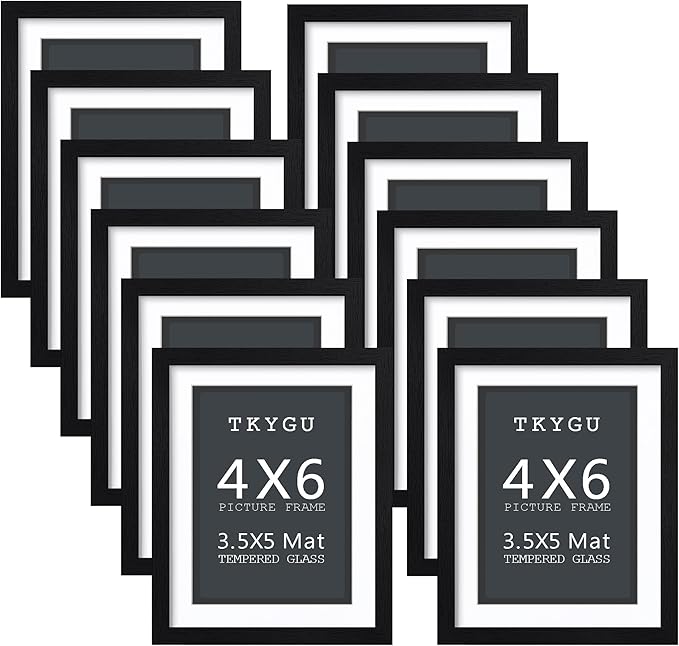 Picture Frame 4x6 with mat 3.5x5 Modern Style Wood Composite Frames set of 12-black textured frame with Tempered glass Table or wall mounted display picture frame for home decor