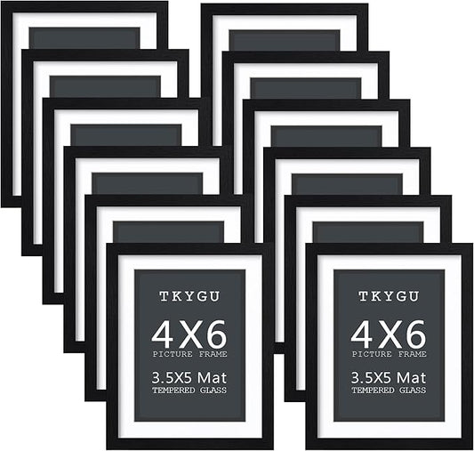 Picture Frame 4x6 with mat 3.5x5 Modern Style Wood Composite Frames set of 12-black textured frame with Tempered glass Table or wall mounted display picture frame for home decor