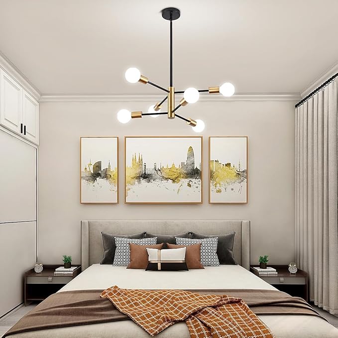 Modern Chandelier Sputnik Light Fixtures, Mid Century Chandelier Dining Room Lights, 6-Light Black and Gold Bedroom Ceiling Light Chandeliers for Living Room Kitchen