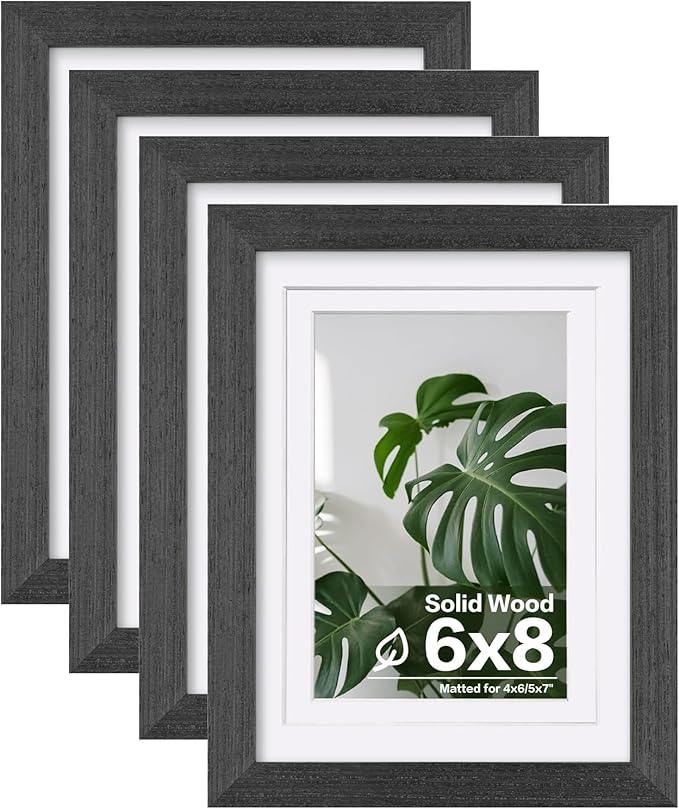 Egofine 6x8 Picture Frames Set of 4, Made of Solid Wood Covered by Plexiglass 4x6 and 5x7 with Mat or 6x8 without Mat, for Table Top Display and Wall Mounting Photo Frame Rustic Black