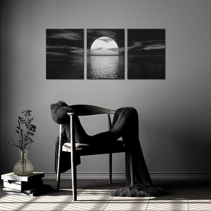 SkenoArt 3 Piece Black and White Bathroom Canvas Wall Decor Ocean Under Moonlight Painting Print Full Moon Seascape Picture Artwork for Home Bedroom Living Room Wall Decor Easy to Hang 12"x16"x3 PCS