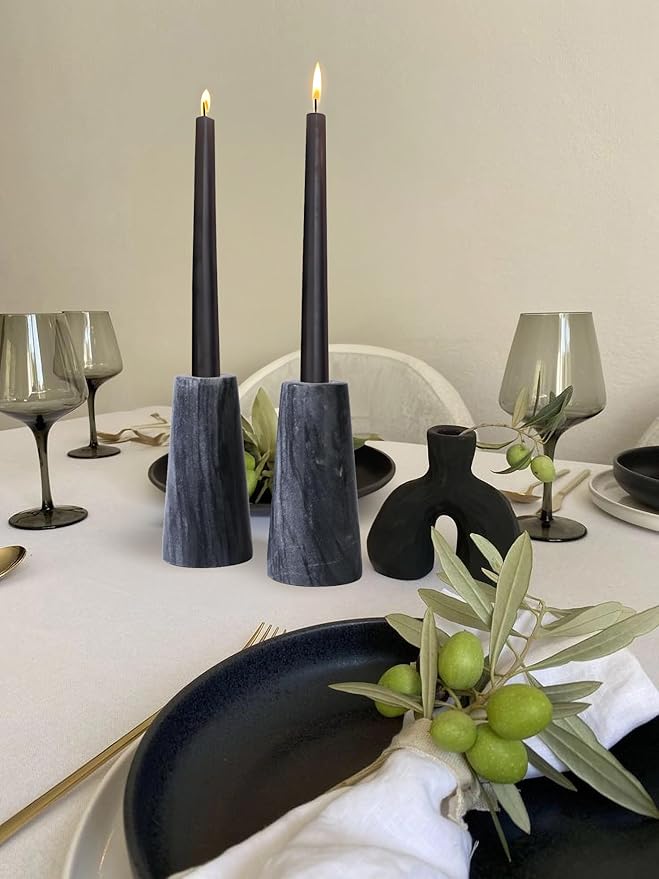 HofferRuffer Marble Candlestick Holders，Set of 2 Natural Stone Candle Holder Decorative Candle Stands for Wedding, Dinning, Party, Table Centerpieces, Fit 3/4'' Thick Taper Candles (Grey Black)