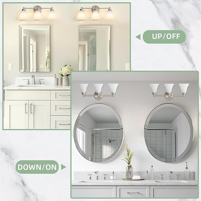 LOUSACE 3 Light Bathroom Vanity Light Vintage Brushed Nickel Bathroom Lighting Fixtures Over Mirror, Traditional Wall Sconce Lighting with Opal Glass Shade, Nickel Vanity Lighting Fixture