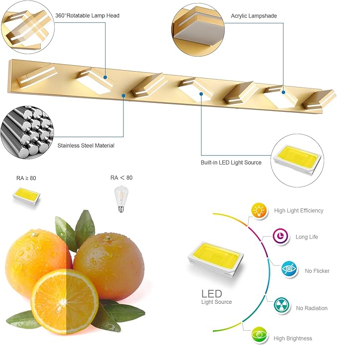 SineRise LED Modern Bathroom Vanity Light Fixtures (7-Light, 55-Inch, Dimmable), Gold Modern Acrylic Bathroom Wall Lighting Fixtures Over Mirror (Cool White 6000K)