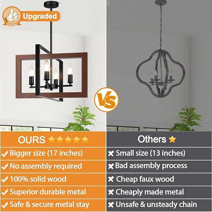 17" Farmhouse Reddish Brown Wood Chandelier, (4-Light, 17-Inch), Rustic Dining Room Light Fixtures Over Table, Adjustable Hanging Light Fixture for Kitchen, Living Room, Foyer, Entryway