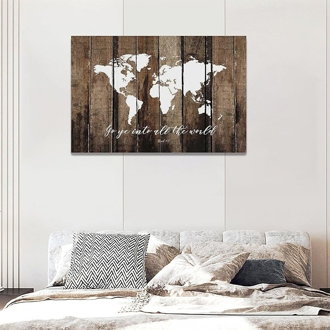 Large World Map Wall Art Rustic World Map Pictures Wall Decor Go Ye Into All The World and Preach The Gospel Canvas Painting Print Home Artwork Framed for Living Room Bathroom Master Bedroom 24"x16"