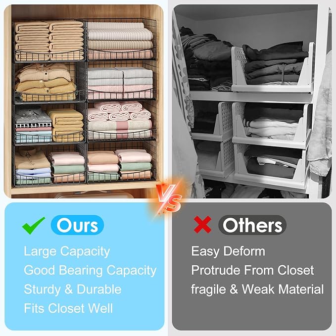 JKsmart 4-Tier Stackable Closet Organizers and Storage Shelves, Extend Clothing Closet Shelf Bins for Jeans Pants Sweaters - Wardrobe Cupboard Clothes Organizer System-Wider Mouth Design