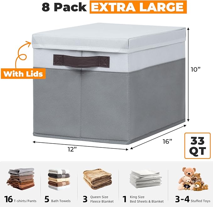 Extra Large Storage Baskets with Lids 8 Pack, 33 QT Blanket Basket for Organizing/ Stackable Decorative Closet Organizers and Storage Box for Clothes Towels/ Toy Organizers Bins with Handles/ 16x12