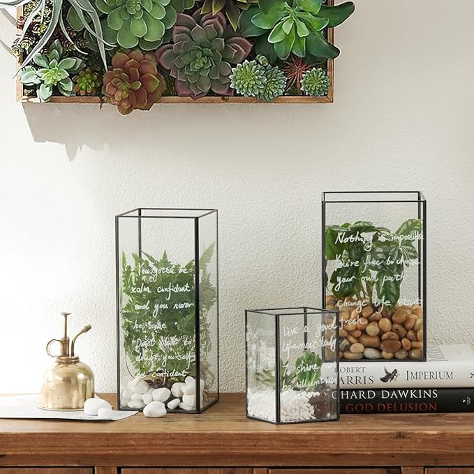 Set of 3 Square Glass Hurricane Candle Holders, Clear Glass Framed in Vintage Brass, Pefect for Spa, Hotel, Festival, Home Decoration,(Bronze Fram Finsh)