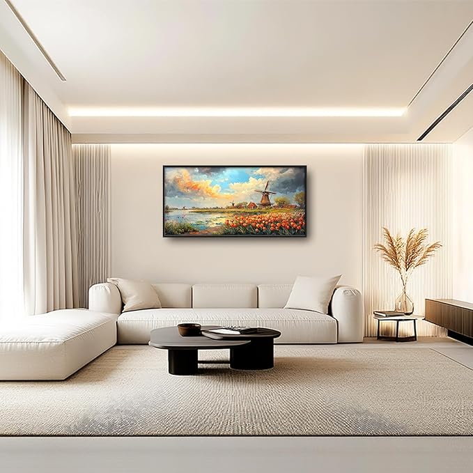 Windmill Framed Wall Art for Living Room, Large Tulips Canvas Wall Decor, Vintage Florals Pictures Painting, Farmhouse Artwork for Bathroom Bedroom 60L'' × 30W''