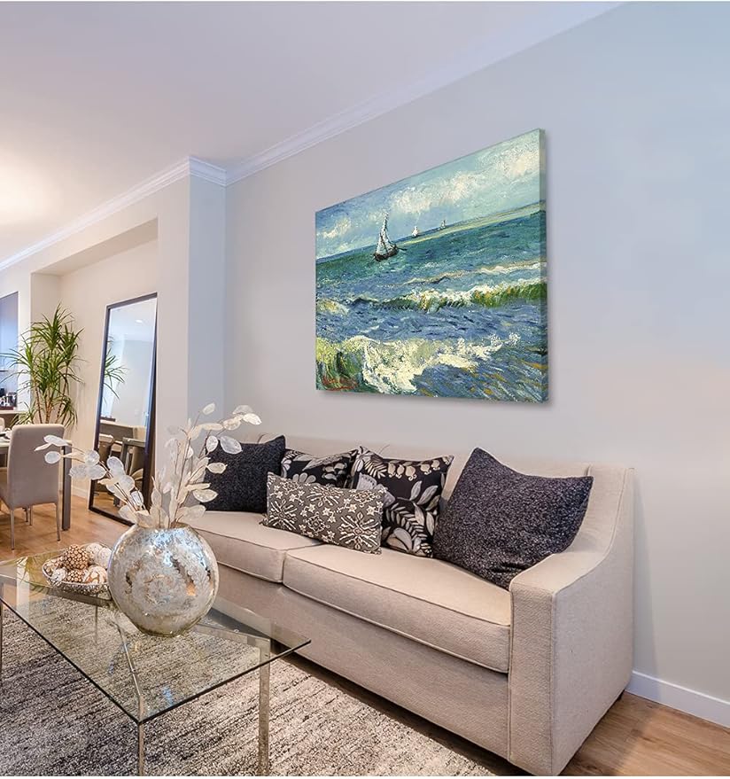 DECORARTS - The Sea at Les Saintes-Maries-de-la-Mer, Vincent Van Gogh Art Reproduction. Giclee Print on Canvas. Wall Art for Home. 40x32