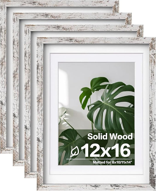 Egofine 12x16 Picture Frames Set of 4, Made of Solid Wood Covered by Plexiglass 9x12 and 11x14 with Mat or 12x16 without Mat, for Wall Mounting Photo Frame Rustic White