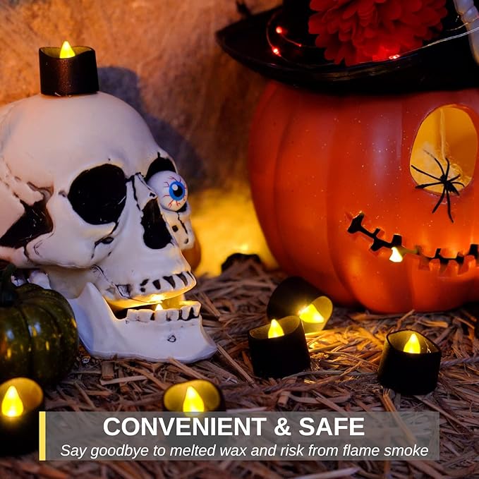 Homemory Black Tea Lights Candles Battery Operated, 200+Hour Flameless Flickering Fake Electric LED Colored Tealights Candles for Halloween, Theme Party, Wedding Table Decor, Holiday Decor, 24-Pack