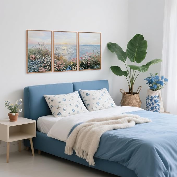 CHDITB Seaside Floral Framed Canvas Wall Art Set, Nature Inspired Ocean View Wall Decor, Sunrise Art Spiritual Wall Painting, Coastal Wildflowers Art Prints for Living Room, Office-Size 16"x24"x3