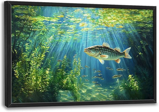 Flintis Large Ocean Fish Framed Wall Art Natural Green Plants Pictures Wall Decor Abstract Fishing Canvas Painting Print Artworks Decor Framed for Living Room Bathroom Master Bedroom 36L X 24W