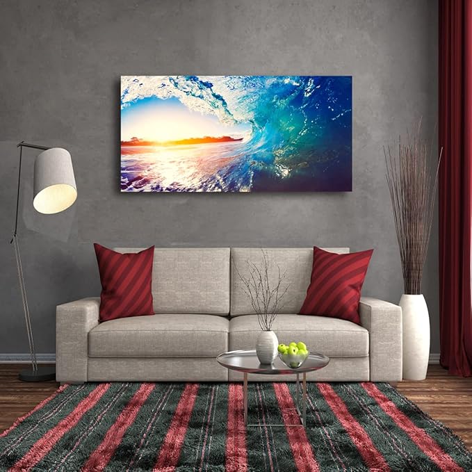 Canvas Wall Art Sea Waves Ocean Landscape Picture Print Wall Art Modern Giclee Artwork Home Decor Stretched and Framed Ready to Hang,2.5cm Thick Frame, Waterproof Artwork