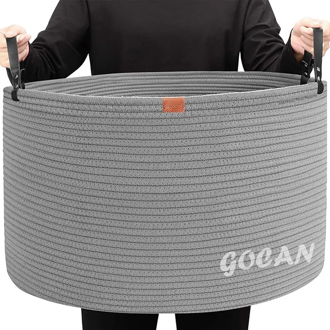 Extra Large Storage Laundry Basket 22" X 22"X 14" Cotton Rope Woven Basket for Blanket with Handles for Living Room Toys Storage XXXL (Gery)