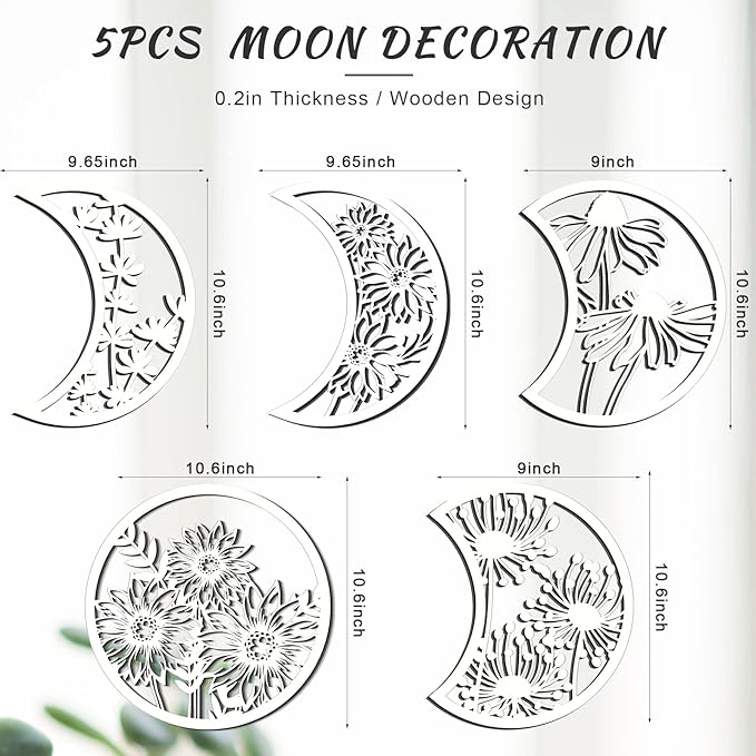 Jetec 5 Pcs Moon Phase Wall Hanging Decor Art Above Bed 10.6" H Boho Moon Phase Wood Wall Pediment Ornament for Living Room Bedroom Home Decoration Room Apartment Bar(White)