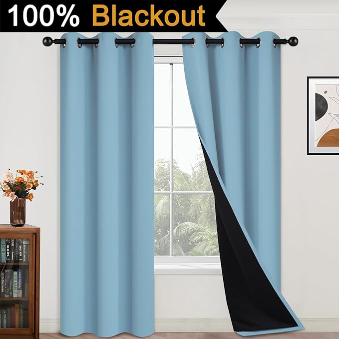 Yakamok 100% Blackout Curtains Energy Saving Thermal Insulated 2 Thick Layers Completely Blackout Drapes with Black Liner for Bedroom (42Wx84L,Sky Blue, 2 Panels)