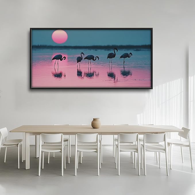 Olivine Flamingo Wall Art, Sunset Pictures Wall Decor, Beach Painting, Tropical Animal Canvas Prints, Framed Artwork for Bathroom Bedroom Living Room Office Home Decoration 60"x30"
