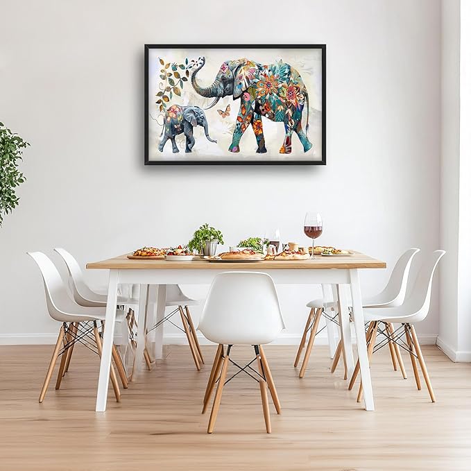 Abstract Elephant Large Framed Wall Art Floral Elephants Pictures Oversized Wall Decor Flower Leaf Butterfly Canvas Print Painting Aesthetic Modern Artwork for Living Room Bedroom Office Bathroom Home Decor 36L"x24W"