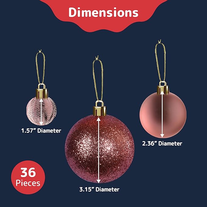 PREXTEX Champagne Christmas Ball Ornaments (36 pcs) - Shatterproof Christmas Tree Decorations with Hanging Loops in 6 Styles and 3 Sizes - Xmas Ornaments Set for Indoor and Outdoor Decor