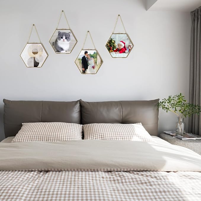 TLBTEK Brass Hanging Photo Frame,9.5 Inch Hexagon Glass Frame for Pressed Flowers,Clear DIY Vintage Artwork Display Frame Wall Mounted Photos Frame