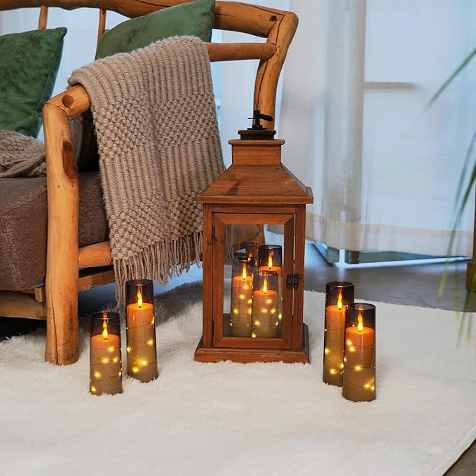 Raycare Flameless LED Candles with Embedded Star String, 9 Pcs Battery Operated Acrylic Pillar Candles with Timer and Remote, Flickering for Romantic Ambiance and Home Decoration (Grey)