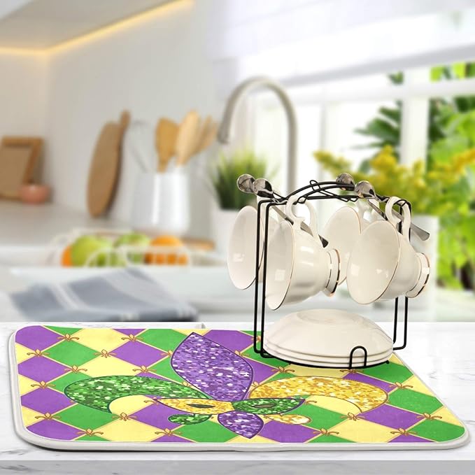 Mardi Gras Fleur De Lis Dish Drying Mat 16 X 18 Inch Rhombus Carnival Mask Absorbent Microfiber Dry Dishes Pads Tableware Mats Protector for Kitchen Countertops Counter Home Decorations