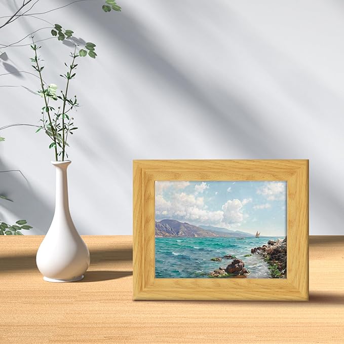 Brivoria Framed Canvas Wall Art Vintage Decor, Realistic Coastal Scene with Rocky Shore Clear Water and Sailboats Under Bright Blue Sky for Kitchen Shelf Bathroom or Tabletop Display, 8"x10"