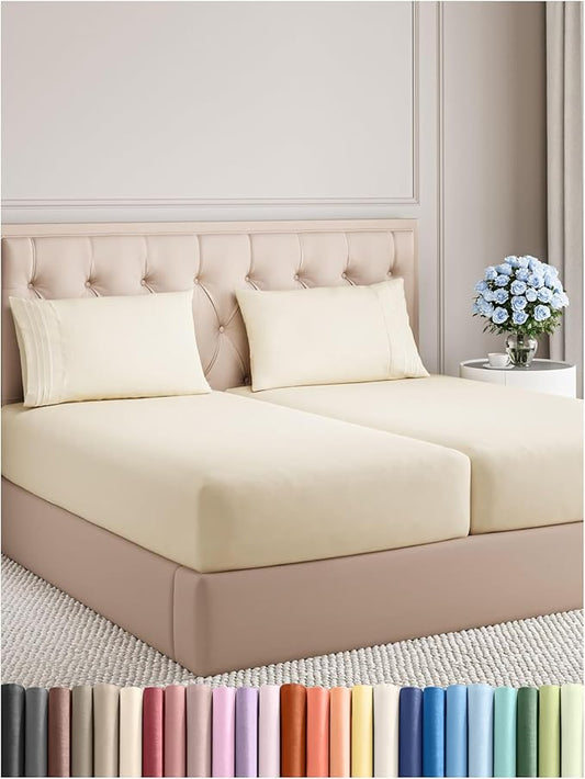 Split King Size 5 Piece Sheet Set - Comfy Breathable & Cooling Bed Sheets Set - Hotel Luxury Bedding for Women, Men, Kids, Teens, Boys & Girls - Deep Pockets, Soft, Wrinkle Free - Oeko-Tex - Off White