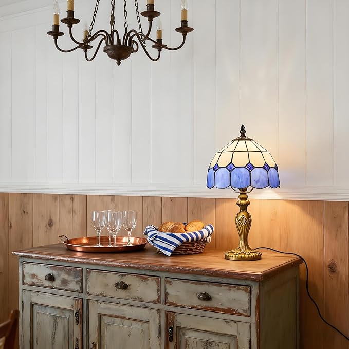 Tiffany-Style 8 Inch Table Lamp Mediterranean Series Stained Glass Lampshades Small Bedside Lamp Reading Antique Desk Light Livingroom Bedroom Office Vintage Art Deco Victorian(Color:Blue)