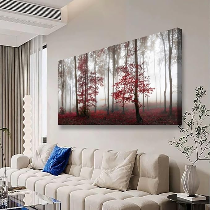 Misty Forest Pictures Canvas Wall Art for Living room Office Bedroom Wall Decor,Forest Wall Art Print Paintings Modern Nature Red Tree Artwork Waterproof Ready to Hang-28x57 inch