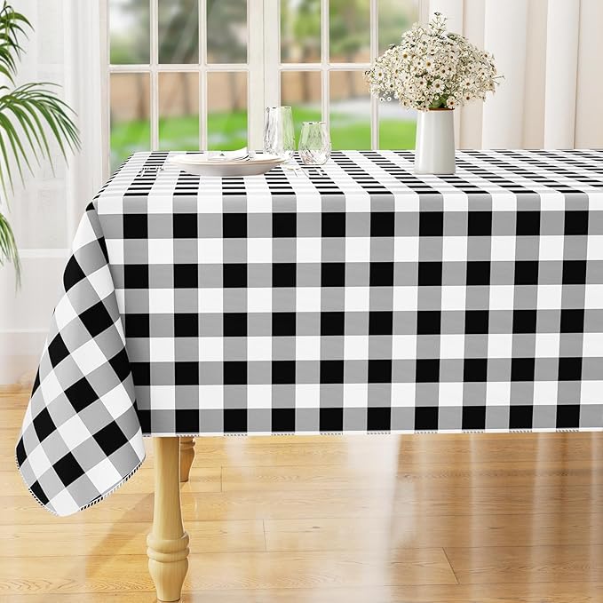 misaya Rectangle Waterproof Vinyl Table Cloth, Buffalo Flannel Backed Tablecloth, Wipeable Plastic Table Cover for Dinner, Kitchen, Outdoor (54" x 78", Black and White)