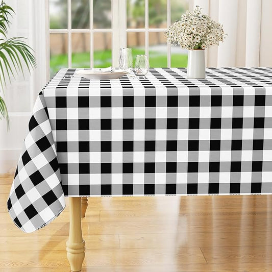 misaya Rectangle Waterproof Vinyl Table Cloth, Buffalo Flannel Backed Tablecloth, Wipeable Plastic Table Cover for Dinner, Kitchen, Outdoor (52" x 70", Black and White)